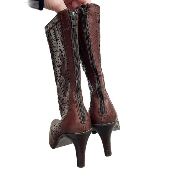 Zara Brown Floral Laser Cut-Out Leather Boots Sz 40 - Picture 4 of 7